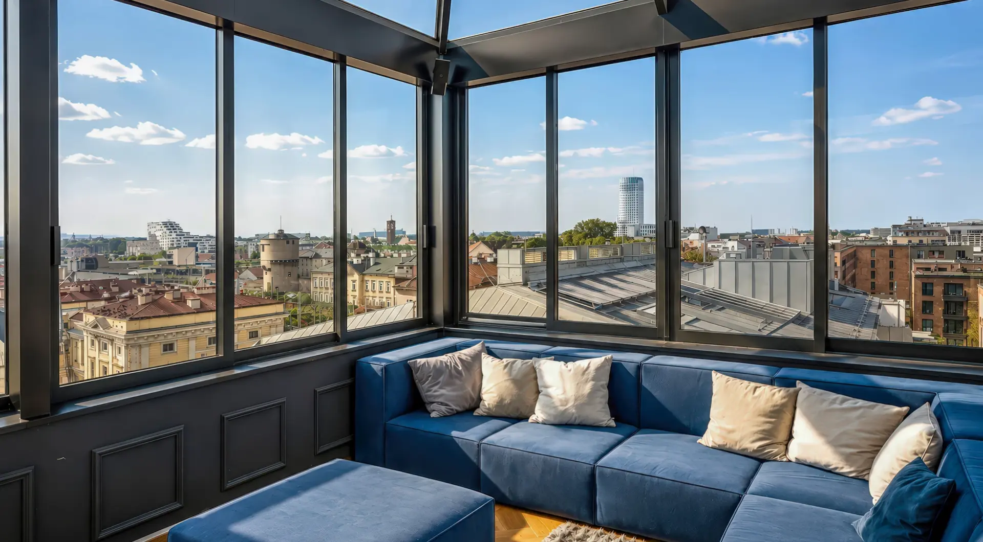 Apartament Kraków Stare Miasto z przeszklonym salonem, niebieską sofą i panoramicznym widokiem na dachy Krakowa