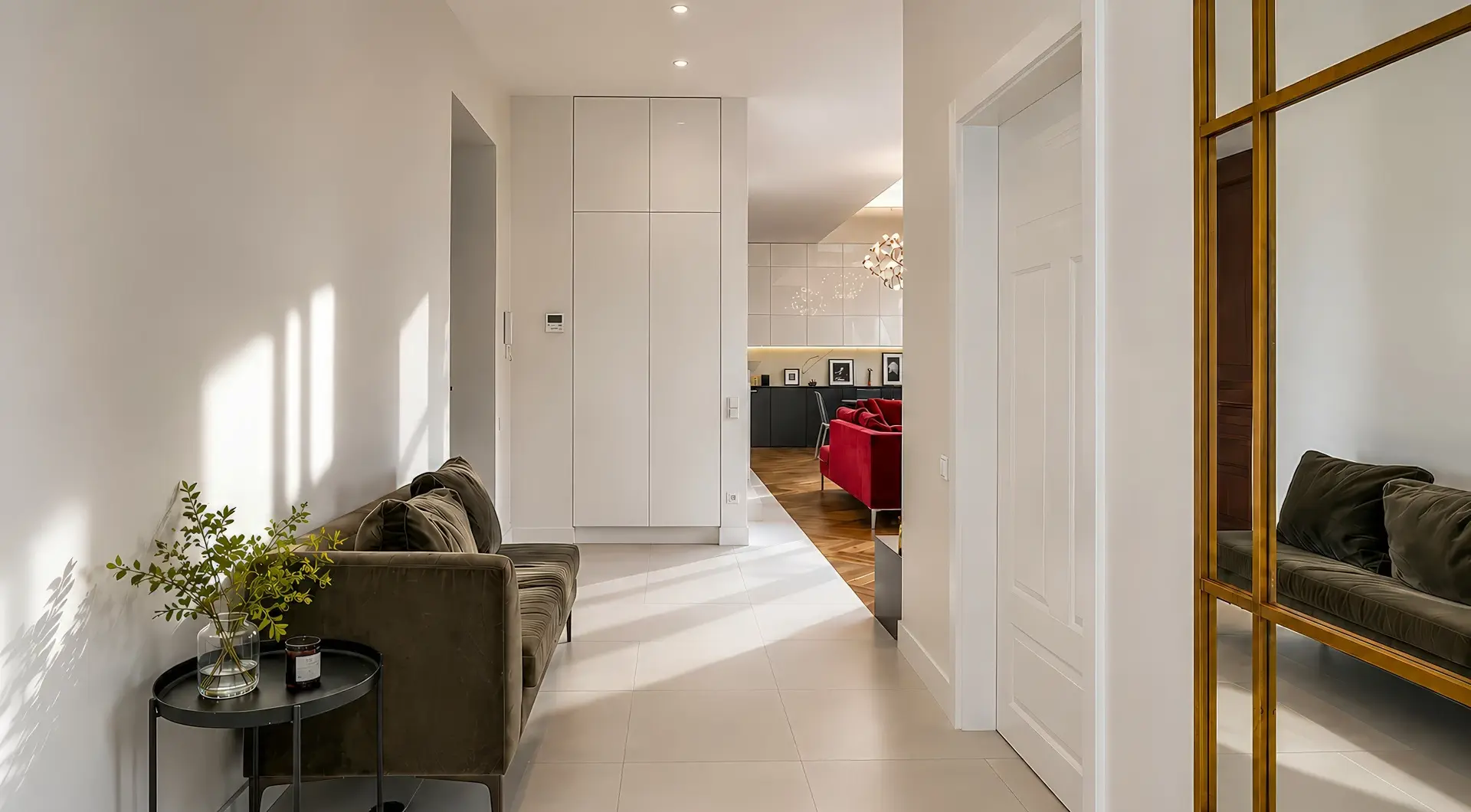 Luksusowy apartament w Krakowie – jasny elegancki hol z sofą, dużym lustrem i widokiem na część dzienną