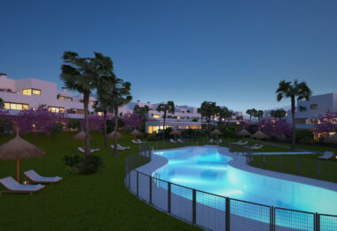 Stylowe, południowo-zachodnie zwrócone dwupokojowe mieszkanie znajduje się w południowo-wschodniej strzeżonej społeczności Acqua Gardens na New Golden Mile, Estepona