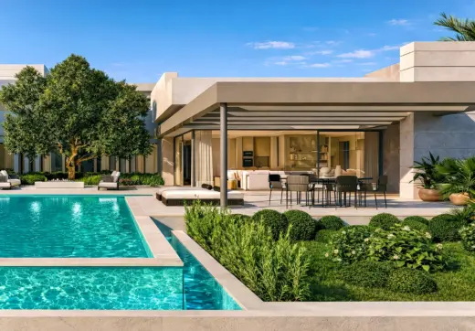 Modern luxury villa with pool in Modern Elie Saab villa Marbella in Sierra Blanca featuring landscaped garden and outdoor dining area