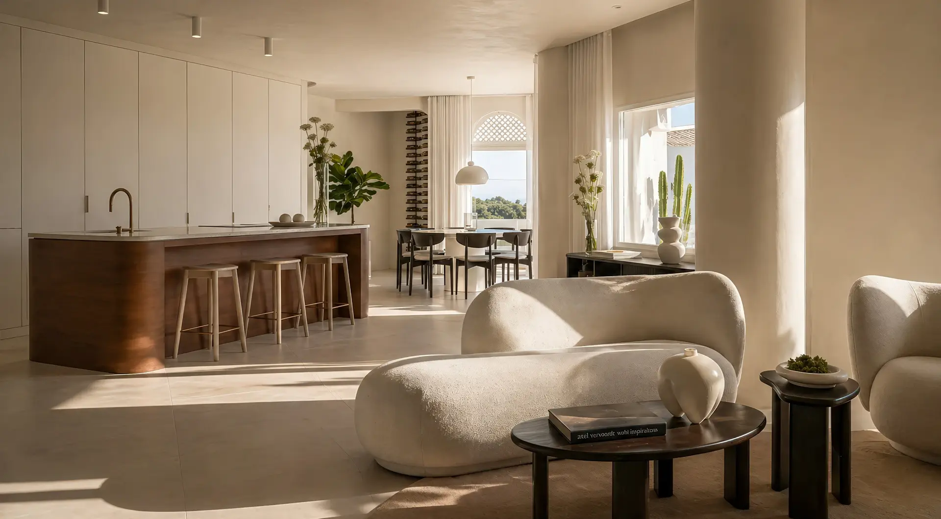 Penthouse Golden Mile Marbella – przestronna kuchnia z wyspą, jadalnia i salon w minimalistycznym stylu