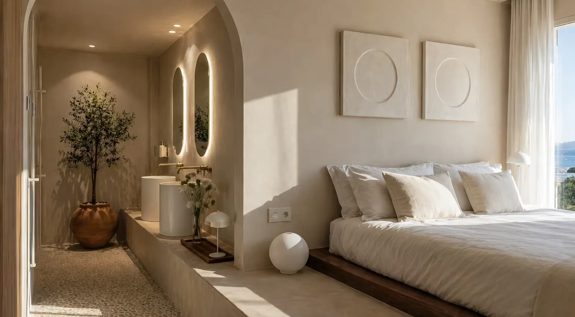 Penthouse Golden Mile Marbella – jasna sypialnia z minimalistycznym wystrojem i elegancką łazienką en suite
