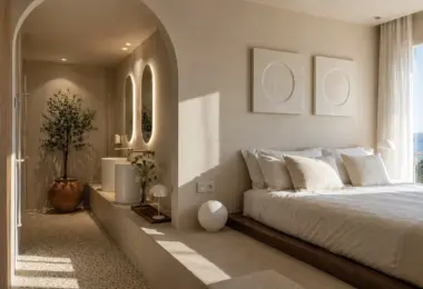 Penthouse Golden Mile Marbella – jasna sypialnia z minimalistycznym wystrojem i elegancką łazienką en suite