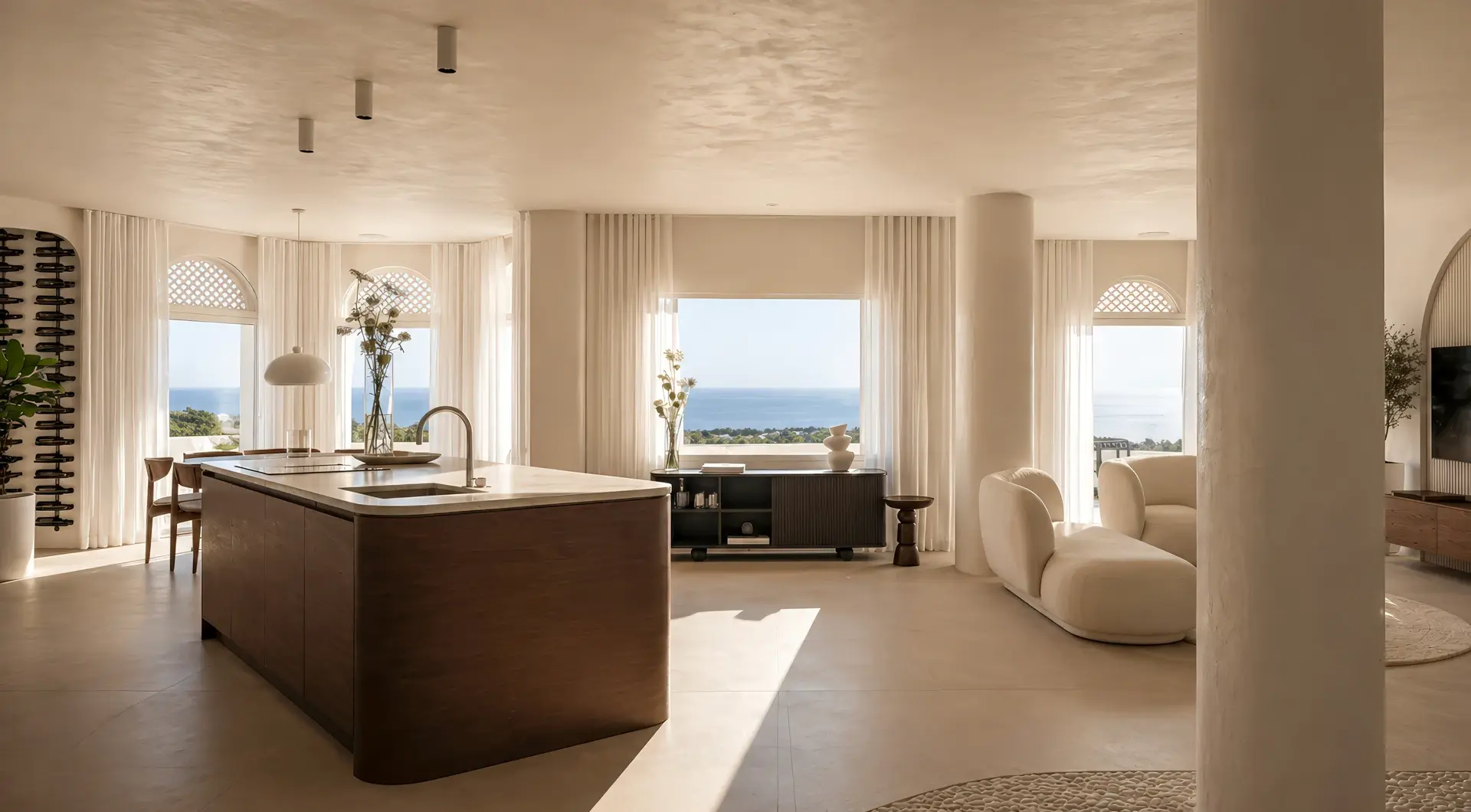 Penthouse Golden Mile Marbella – luksusowy open space z kuchnią, salonem i panoramicznym widokiem na morze