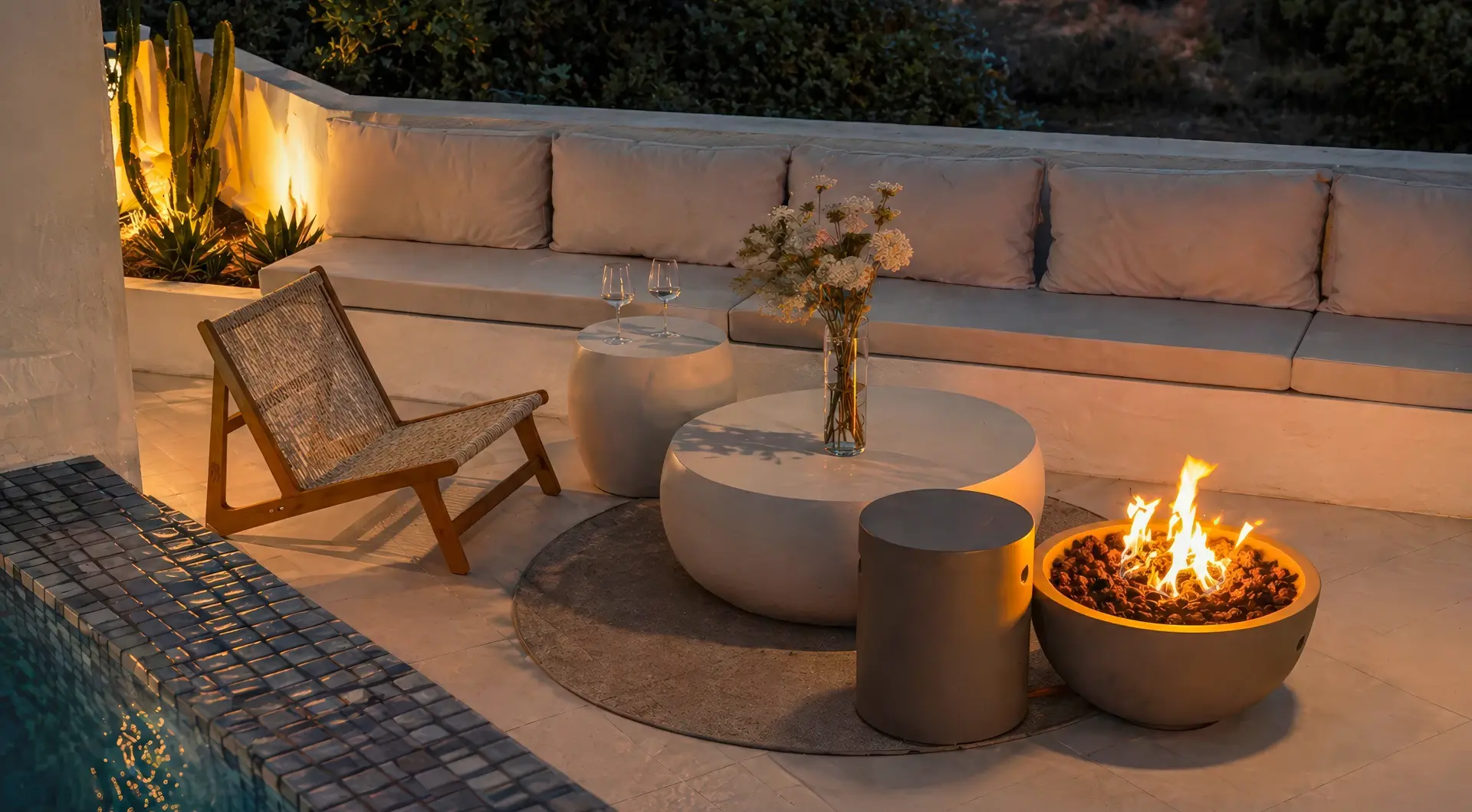 Penthouse Golden Mile Marbella – taras przy basenie z sofą, stolikiem i paleniskiem o zmroku