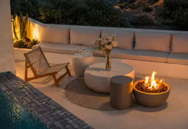 Penthouse Golden Mile Marbella – taras przy basenie z sofą, stolikiem i paleniskiem o zmroku