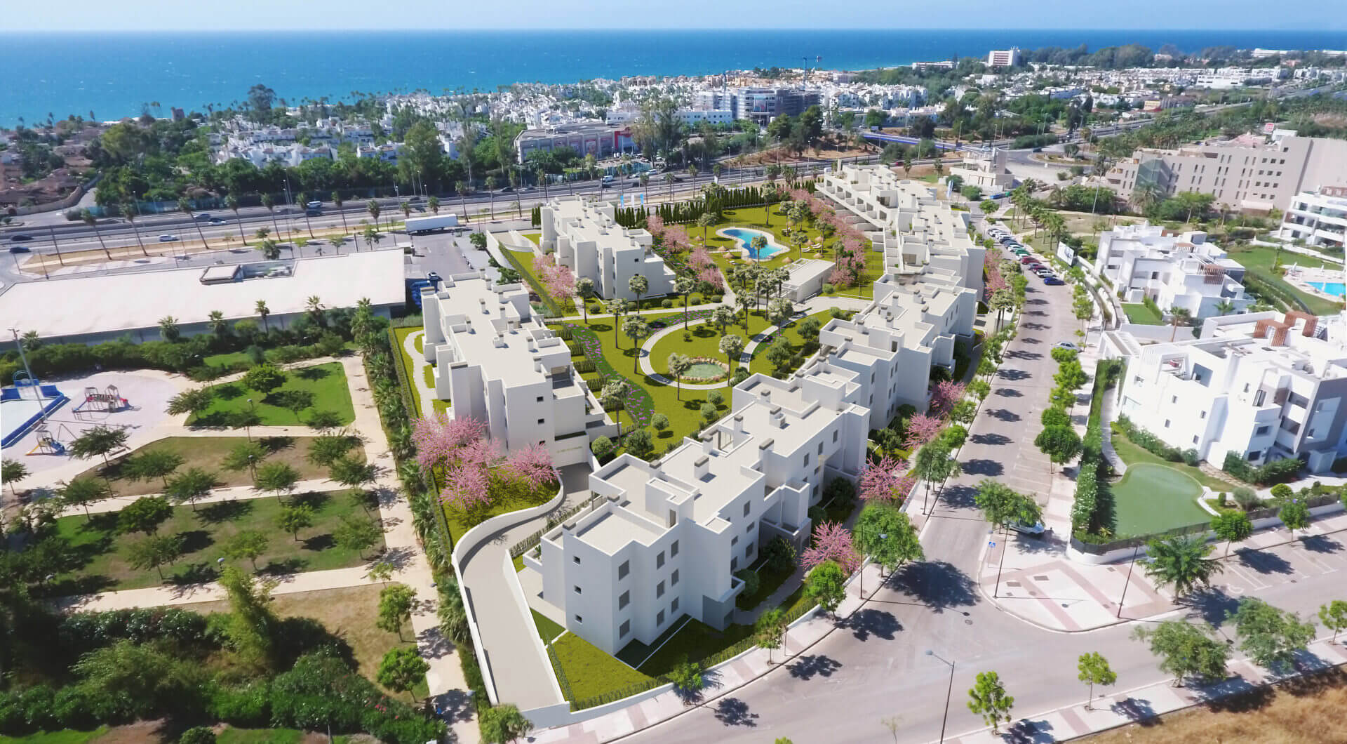 Stylowe, południowo-zachodnie zwrócone dwupokojowe mieszkanie znajduje się w południowo-wschodniej strzeżonej społeczności Acqua Gardens na New Golden Mile, Estepona
