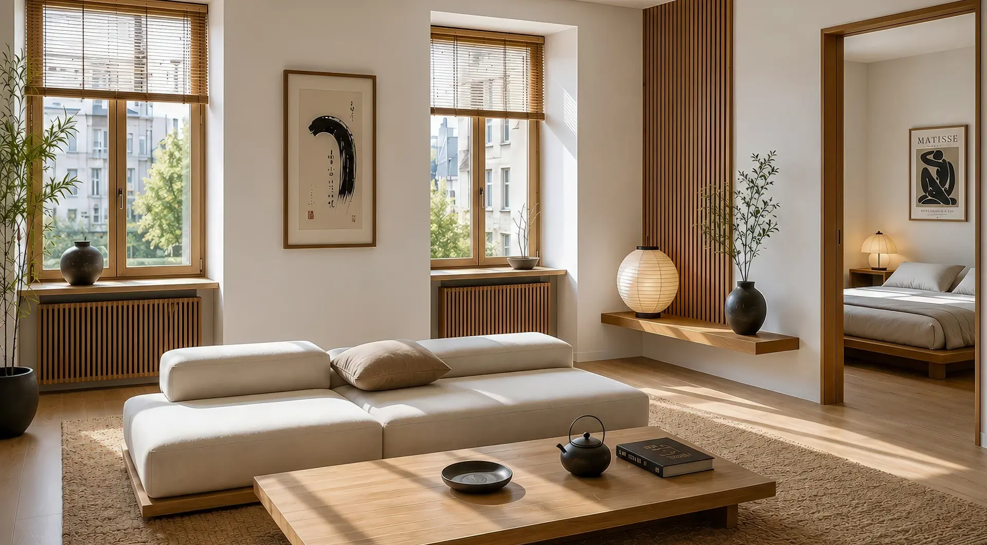 Penthouse w kamienicy Warszawa Śródmieście z jasnym salonem w stylu japandi, drewnianymi żaluzjami, niską sofą i naturalnym światłem