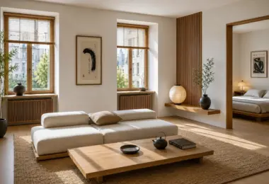 Penthouse w kamienicy Warszawa Śródmieście z jasnym salonem w stylu japandi, drewnianymi żaluzjami, niską sofą i naturalnym światłem