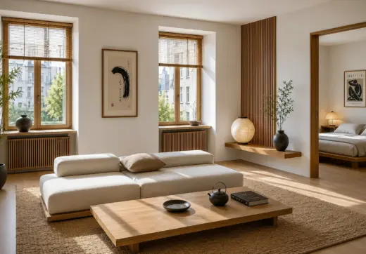 Penthouse w kamienicy Warszawa Śródmieście z jasnym salonem w stylu japandi, drewnianymi żaluzjami, niską sofą i naturalnym światłem