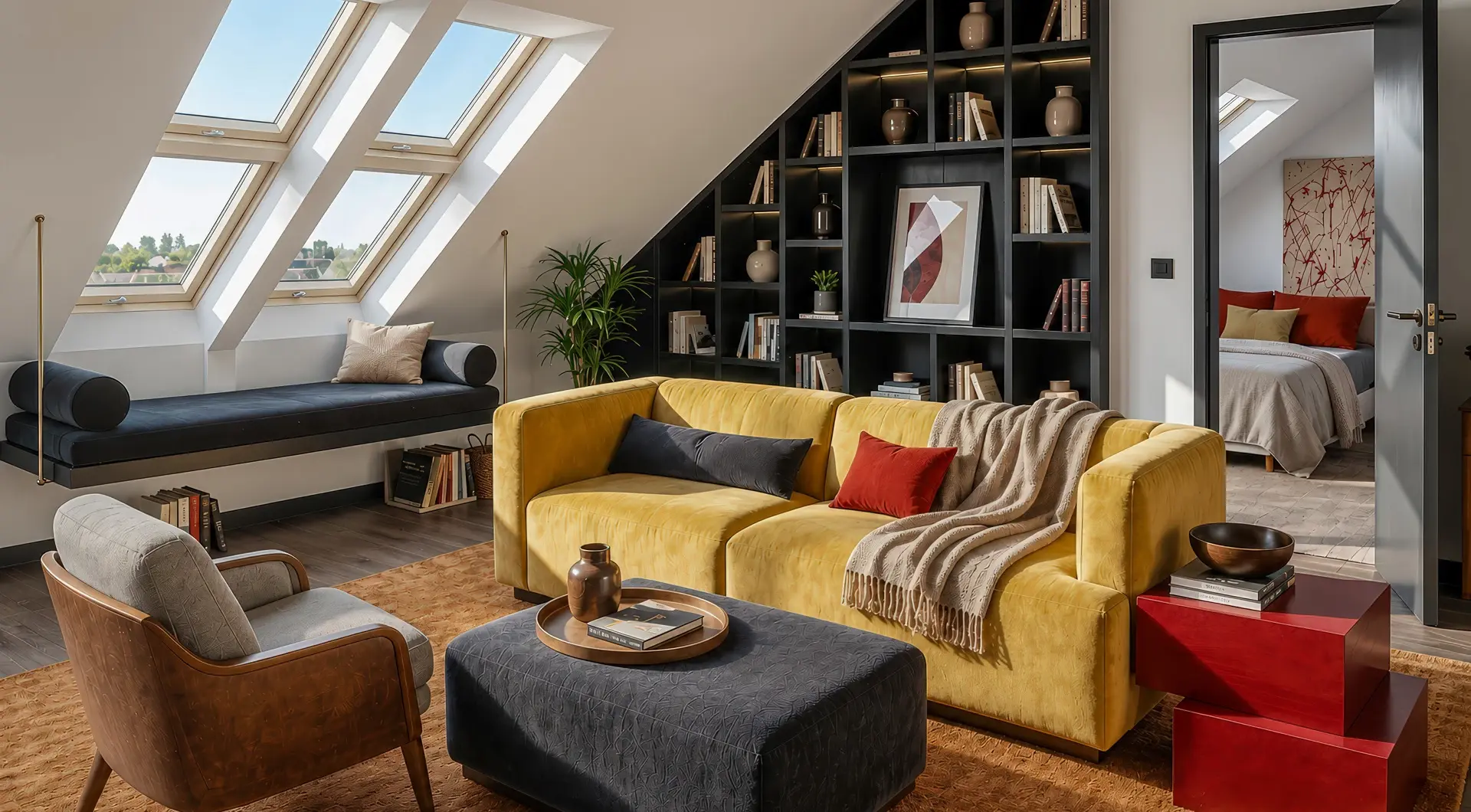 Penthouse w kamienicy Warszawa Śródmieście z eleganckim salonem na poddaszu, żółtą sofą, oknami dachowymi i zabudową biblioteczną