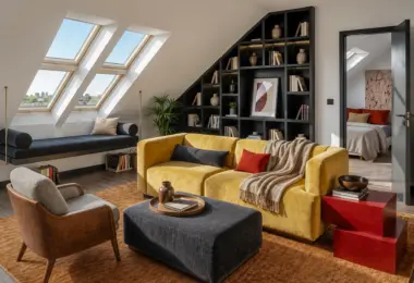 Penthouse w kamienicy Warszawa Śródmieście z eleganckim salonem na poddaszu, żółtą sofą, oknami dachowymi i zabudową biblioteczną
