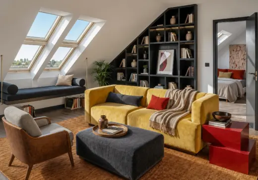 Penthouse w kamienicy Warszawa Śródmieście z eleganckim salonem na poddaszu, żółtą sofą, oknami dachowymi i zabudową biblioteczną