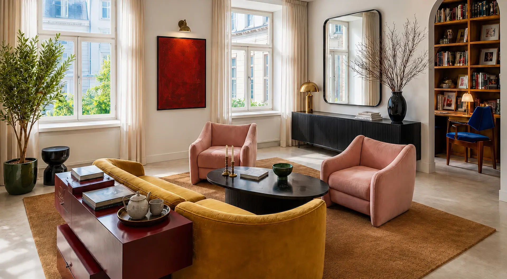 Penthouse w kamienicy Warszawa Śródmieście – jasny salon z biblioteką