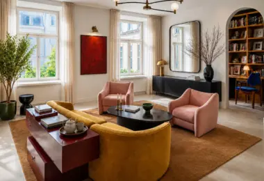 Penthouse w kamienicy Warszawa Śródmieście – jasny salon z biblioteką