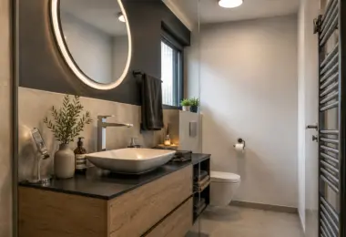 Willa z widokiem na morze Ugljan z nowoczesną łazienką, designerskim lustrem LED i drewnianą zabudową