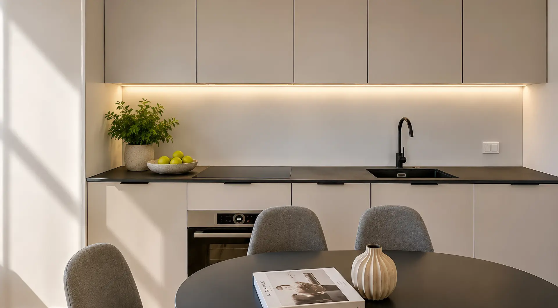 Apartament Holm Skanska – minimalistyczna kuchnia w zabudowie z jadalnią, okrągłym stołem oraz wysokiej jakości wyposażeniem w nowoczesnym stylu.