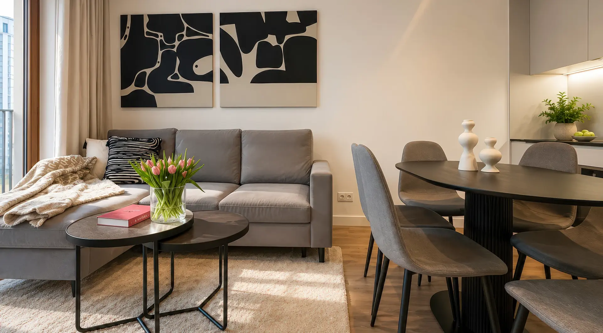 Apartament Holm Skanska – jasny salon połączony z jadalnią, wyposażony w elegancką sofę, designerskie stoliki kawowe oraz nowoczesny stół z krzesłami.