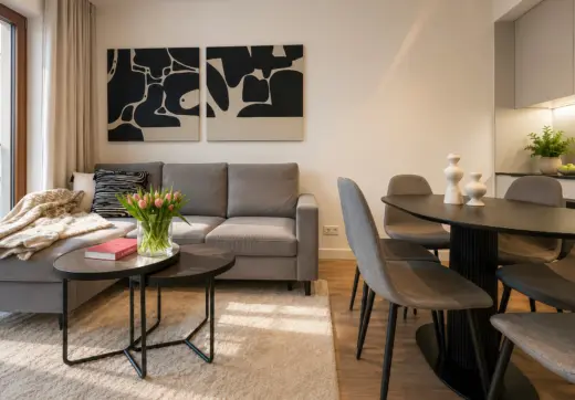 Apartament Holm Skanska – jasny salon połączony z jadalnią, wyposażony w elegancką sofę, designerskie stoliki kawowe oraz nowoczesny stół z krzesłami.