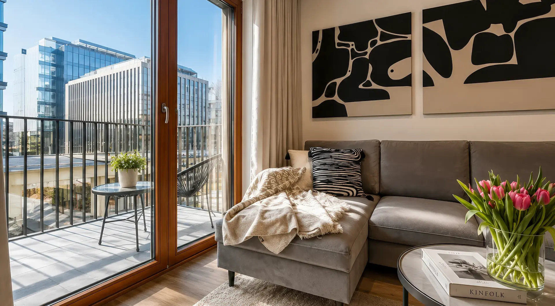 Apartament Holm Skanska – elegancki salon z wyjściem na przestronny taras, dużymi przeszkleniami oraz widokiem na nowoczesną zabudowę biurową Mokotowa.