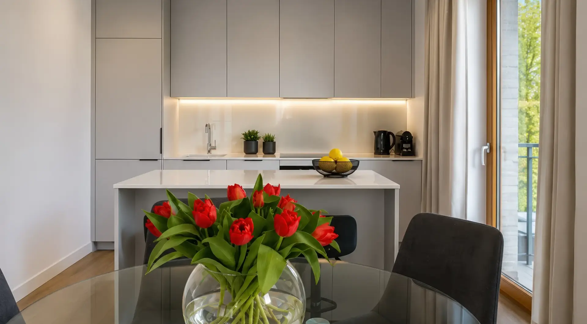 Apartament Warszawa Mokotów z elegancką kuchnią, wyspą kuchenną, częścią jadalnianą oraz nowoczesną zabudową na wymiar