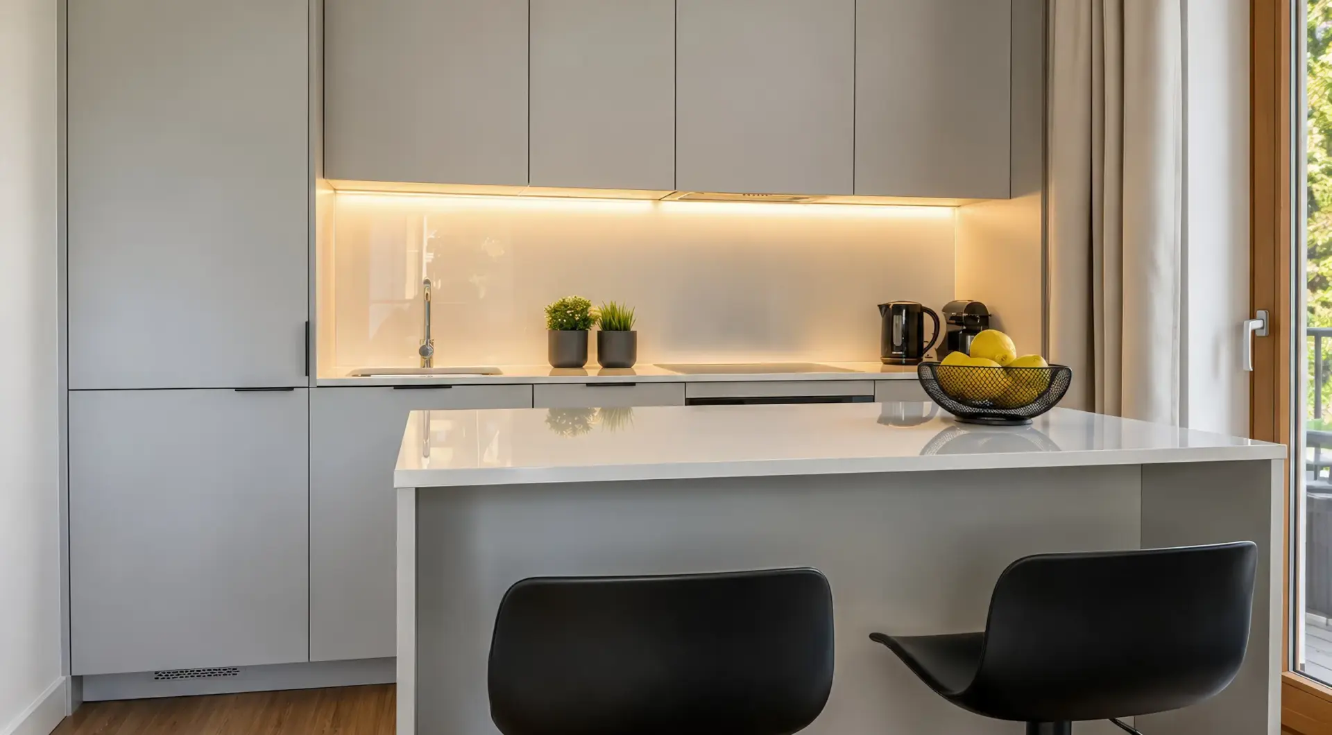 Apartament Warszawa Mokotów z elegancką kuchnią wyposażoną w wyspę, zabudowę na wymiar oraz nowoczesne oświetlenie LED