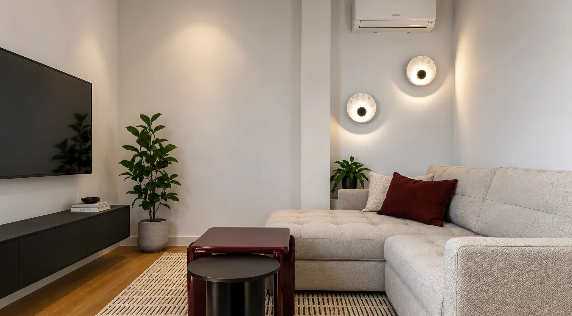 Apartament Warszawa Śródmieście z eleganckim salonem, jasnym narożnikiem, designerskimi stolikami oraz nowoczesnym oświetleniem ściennym.