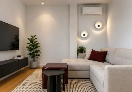 Apartament Warszawa Śródmieście z eleganckim salonem, jasnym narożnikiem, designerskimi stolikami oraz nowoczesnym oświetleniem ściennym.
