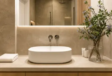 Apartament Warszawa Śródmieście z luksusową łazienką, designerską umywalką nablatową, podświetlanym lustrem oraz prysznicem walk-in.