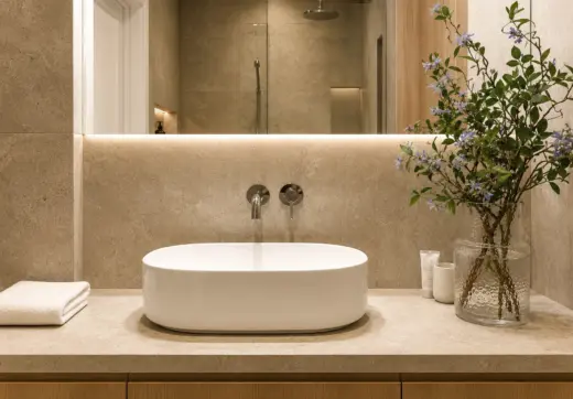 Apartament Warszawa Śródmieście z luksusową łazienką, designerską umywalką nablatową, podświetlanym lustrem oraz prysznicem walk-in.