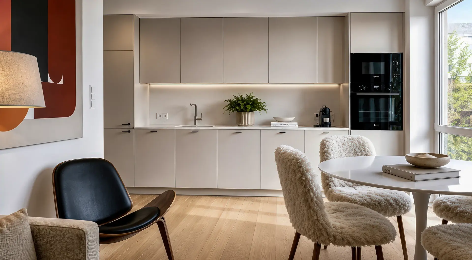 Apartament Warszawa Śródmieście z nowoczesną kuchnią w zabudowie, designerską jadalnią i dużymi oknami zapewniającymi naturalne światło.