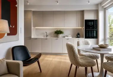 Apartament Warszawa Śródmieście z nowoczesną kuchnią w zabudowie, designerską jadalnią i dużymi oknami zapewniającymi naturalne światło.