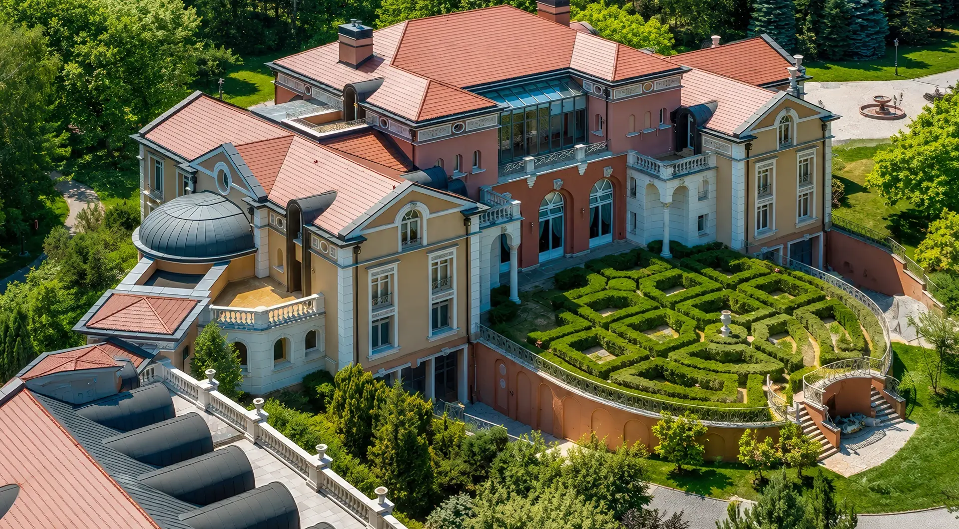 Luksusowa rezydencja pod Warszawą z ogrodem francuskim, pałacową architekturą, tarasami, czerwonym dachem i widokiem z lotu ptaka