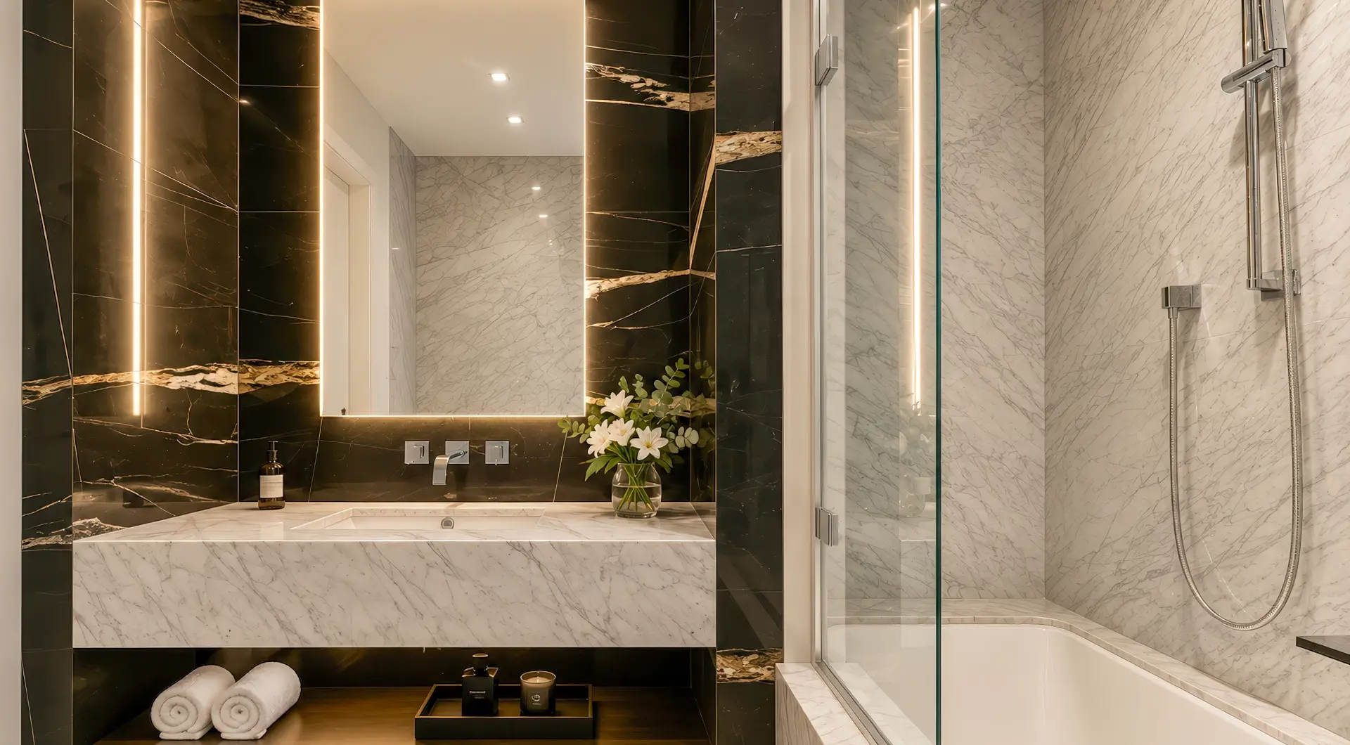 Luksusowy apartament Złota 44 z elegancką marmurową łazienką, wanną i podświetlanym lustrem