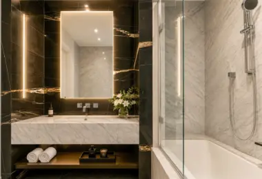 Luksusowy apartament Złota 44 z elegancką marmurową łazienką, wanną i podświetlanym lustrem