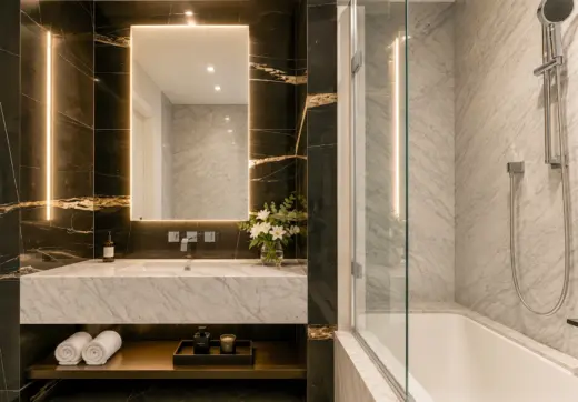 Luksusowy apartament Złota 44 z elegancką marmurową łazienką, wanną i podświetlanym lustrem