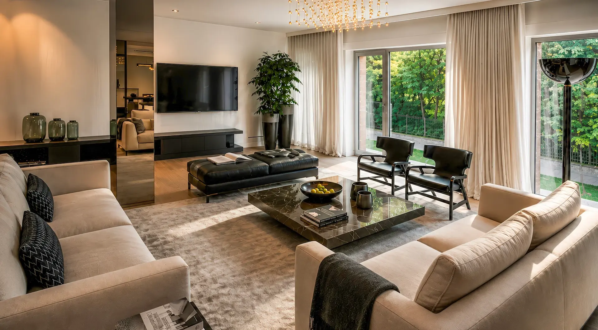 Apartament przy Łazienkach Królewskich z przestronnym, eleganckim salonem i dużymi oknami wychodzącymi na zieleń.
