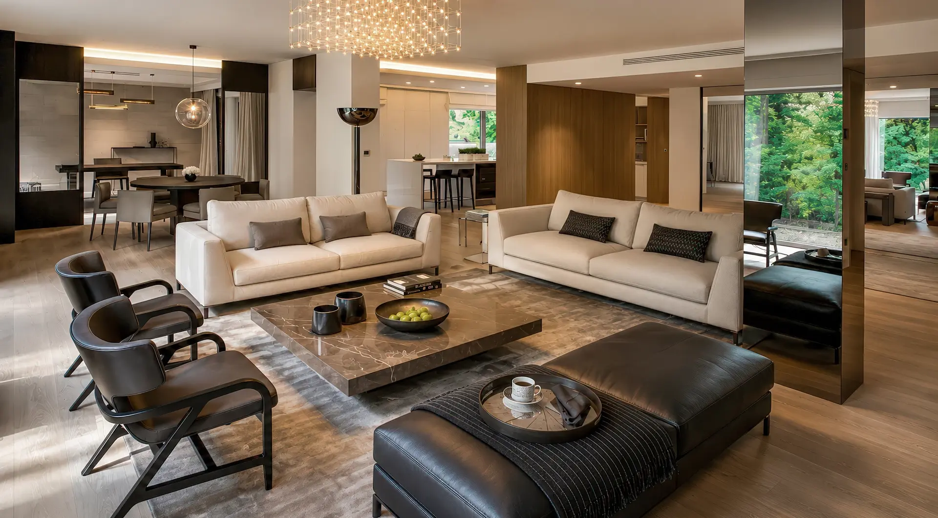 Apartament przy Łazienkach Królewskich – elegancki salon z widokiem na zieleń