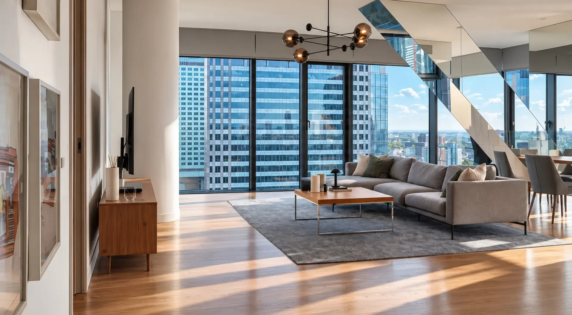 Apartament na sprzedaż Cosmopolitan – przestronny salon z narożną sofą i panoramicznymi oknami na centrum Warszawy