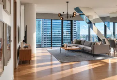 Apartament na sprzedaż Cosmopolitan – przestronny salon z narożną sofą i panoramicznymi oknami na centrum Warszawy