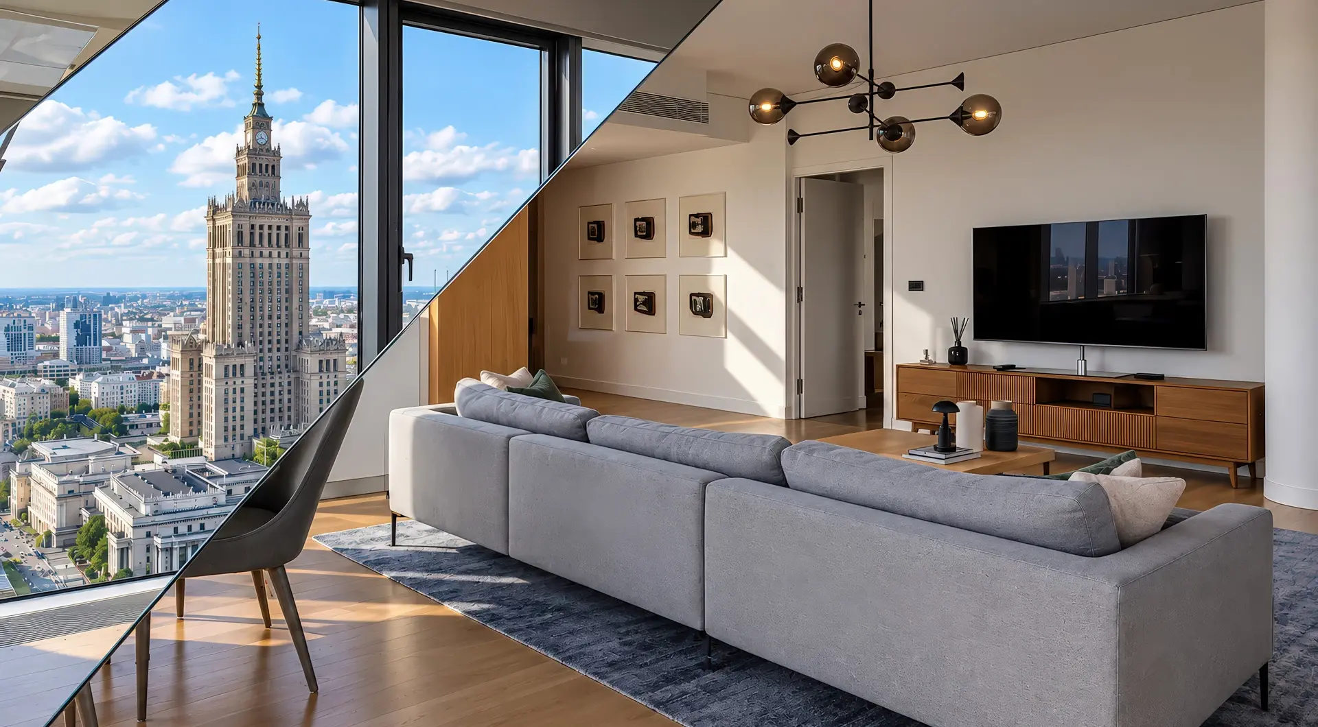 Apartament na sprzedaż Cosmopolitan – salon z widokiem na Pałac Kultury