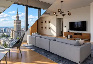 Apartament na sprzedaż Cosmopolitan – salon z widokiem na Pałac Kultury