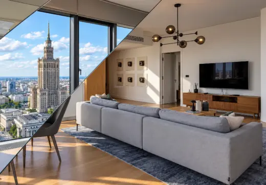 Apartament na sprzedaż Cosmopolitan – salon z widokiem na Pałac Kultury