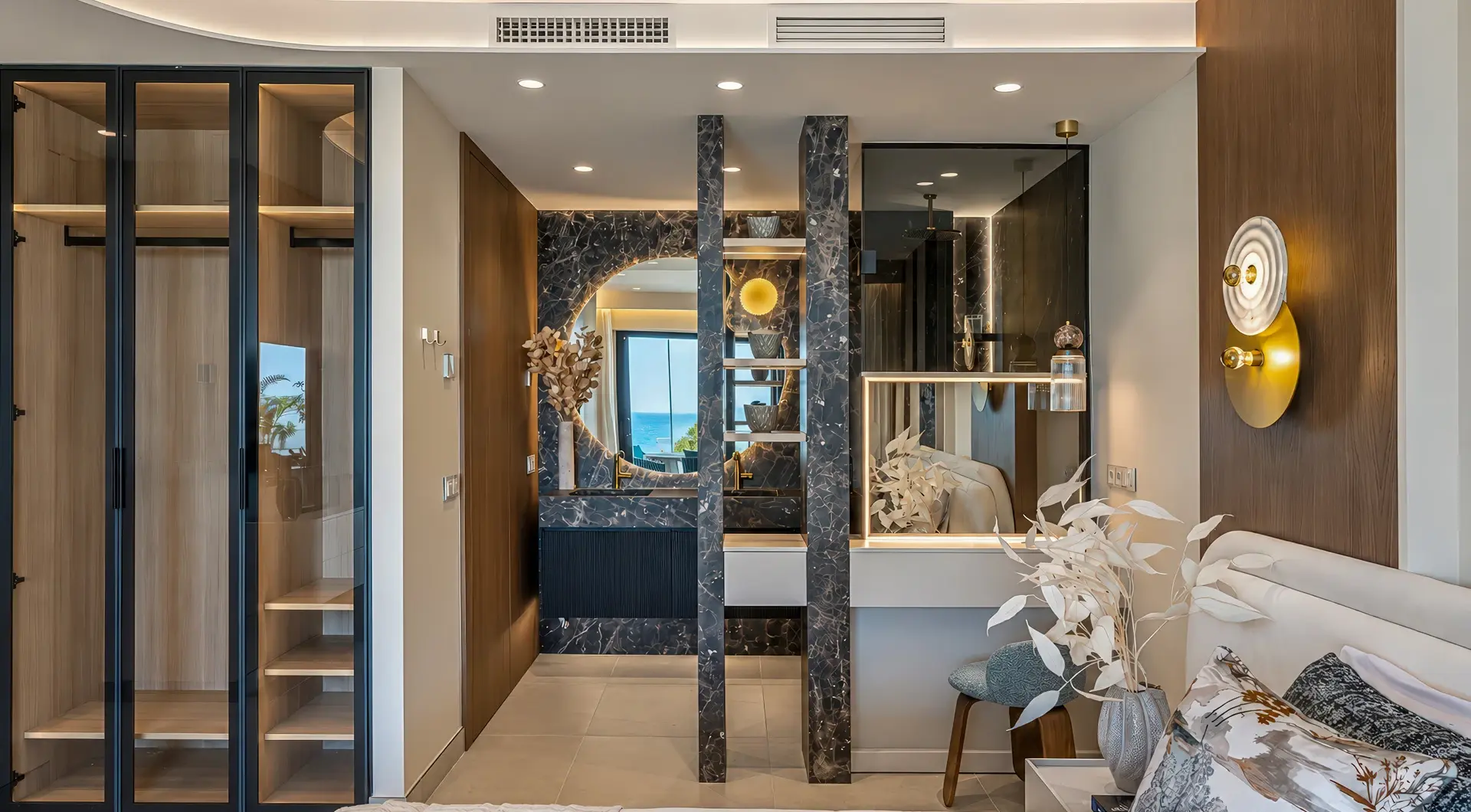 Apartament na sprzedaż Velaya – elegancka sypialnia z przeszkloną garderobą i prywatną łazienką