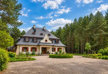 Dworek na sprzedaż koło Kazimierza Dolnego z kolumnowym wejściem, żwirowym podjazdem i ogrodem na tle lasu sosnowego.